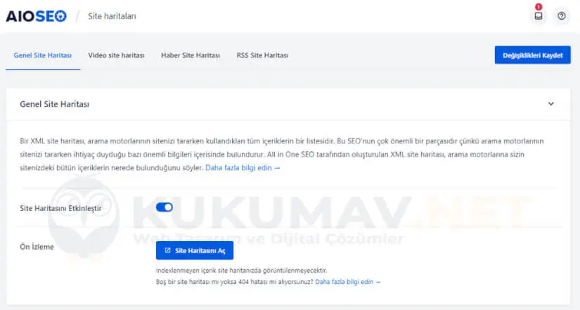 AIOSEO Site Haritaları ekranı: Genel Site Haritası sekmesinde Site Haritasını Etkinleştir anahtarı açık