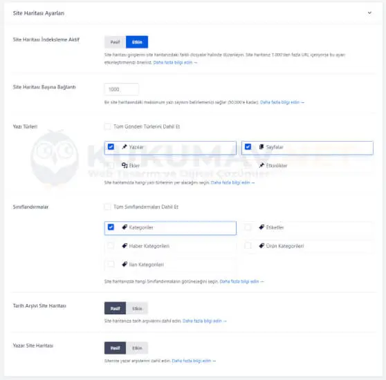 AIOSEO Site Haritası Ayarları: bağlantı sınırı, dahil edilecek yazı türleri ve sınıflandırmalar