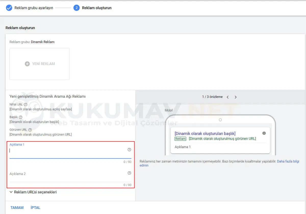 Google Ads dinamik arama ağı reklamı formu: otomatik başlık ve URL, doldurulacak açıklama alanları ve önizleme