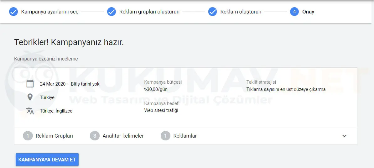 Google Ads kampanya özeti ekranı: Tebrikler, kampanyanız hazır onayı ile bütçe, hedef ve teklif stratejisi