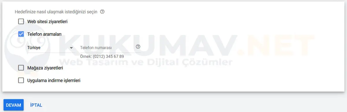 Google Ads hedefe ulaşma yolu seçimi: Telefon aramaları işaretli, ülke ve telefon numarası alanı