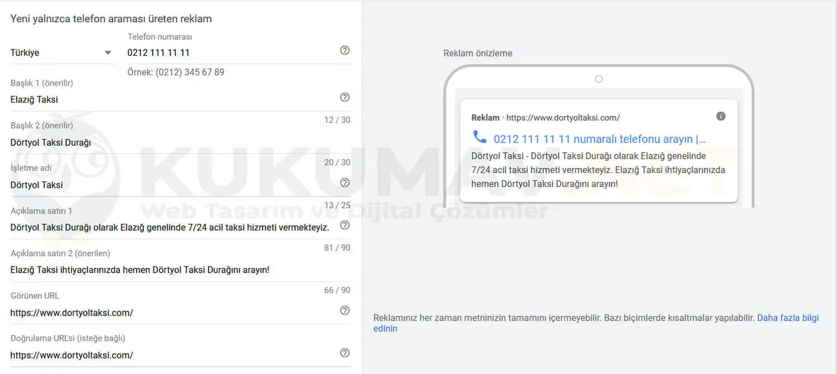 Google Ads yalnızca telefon araması reklamı formu: başlıklar, açıklamalar ve sağda mobil reklam önizlemesi