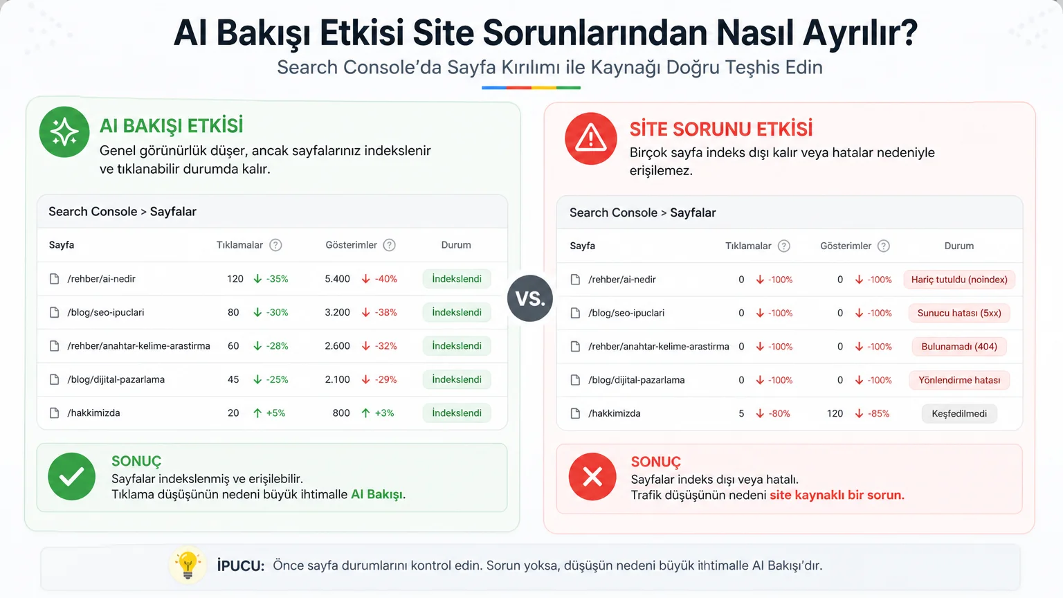 Google AI Bakışı Trafiğinizi Düşürdü mü? Search Console'da Nasıl Anlaşılır - AI Bakışı Etkisi Site Sorunlarından Nasıl Ayrılır?