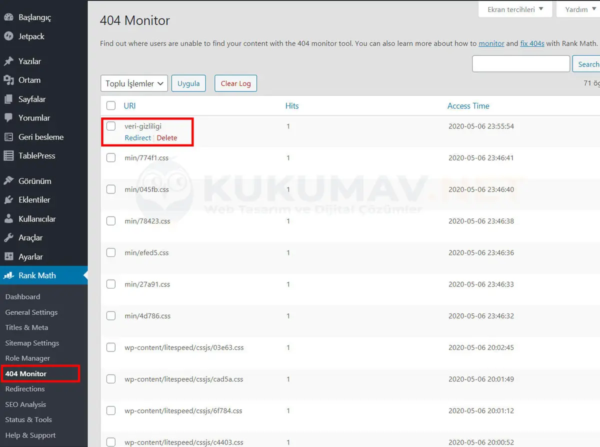Rank Math 404 Monitor kayıtları: 404 veren URI listesi, isabet sayıları ve Redirect ile Delete seçenekleri Rank Math 404 Monitor kayıtları: 404 veren URI listesi, isabet sayıları ve Redirect ile Delete seçenekleri