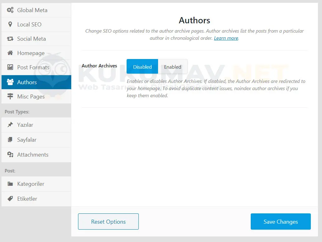 Rank Math Authors sekmesi: Author Archives seçeneği Disabled konumunda Rank Math Authors sekmesi: Author Archives seçeneği Disabled konumunda
