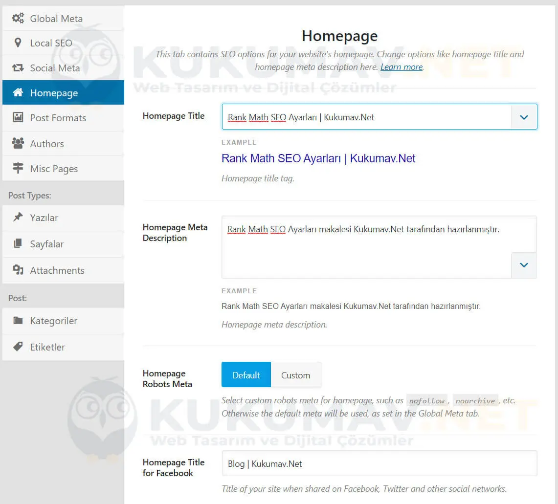 Rank Math Homepage sekmesi: anasayfa SEO başlığı, meta açıklaması ve robots meta ayarı Rank Math Homepage sekmesi: anasayfa SEO başlığı, meta açıklaması ve robots meta ayarı