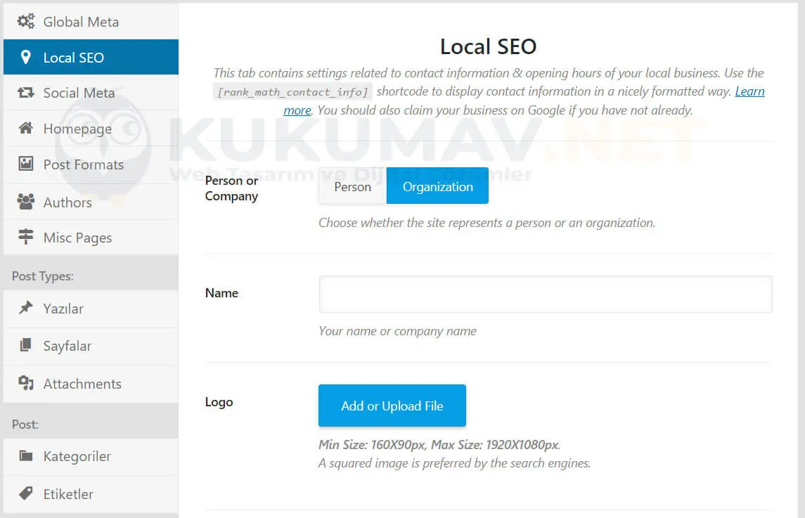 Rank Math Local SEO sekmesi: kişi veya kuruluş seçimi, işletme adı ve logo alanları Rank Math Local SEO sekmesi: kişi veya kuruluş seçimi, işletme adı ve logo alanları