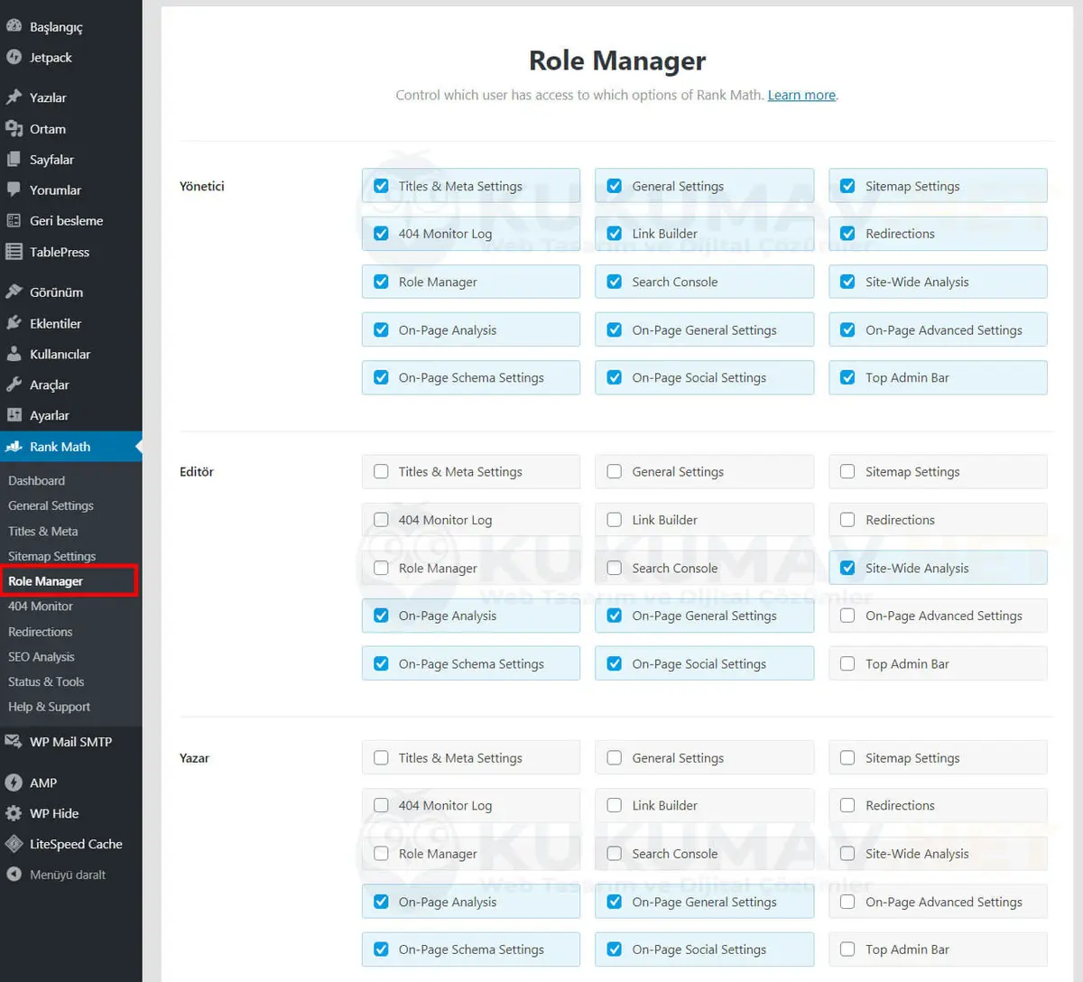 Rank Math Role Manager ekranı: Yönetici, Editör ve Yazar rolleri için SEO yetki onay kutuları Rank Math Role Manager ekranı: Yönetici, Editör ve Yazar rolleri için SEO yetki onay kutuları
