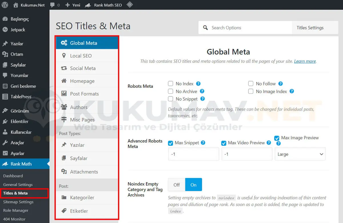 Rank Math Titles & Meta ekranı: sol menüde Global Meta, Local SEO, Social Meta ve içerik türü sekmeleri Rank Math Titles & Meta ekranı: sol menüde Global Meta, Local SEO, Social Meta ve içerik türü sekmeleri