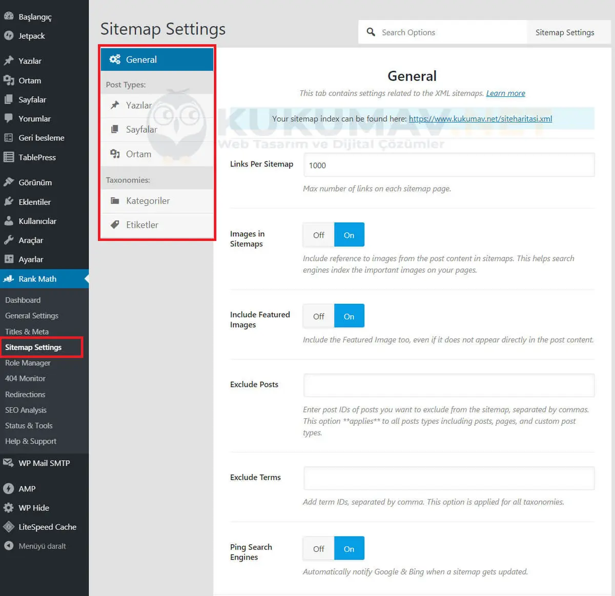 Rank Math Sitemap Settings genel sekmesi (eski sürüm): link sayısı, görseller, hariç tutma ve Ping Search Engines Rank Math Sitemap Settings genel sekmesi (eski sürüm): link sayısı, görseller, hariç tutma ve Ping Search Engines