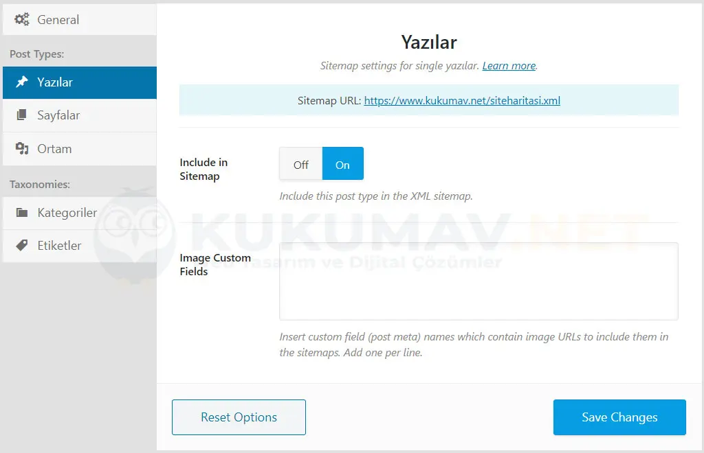 Rank Math site haritası Yazılar sekmesi: Include in Sitemap açık ve Image Custom Fields alanı Rank Math site haritası Yazılar sekmesi: Include in Sitemap açık ve Image Custom Fields alanı