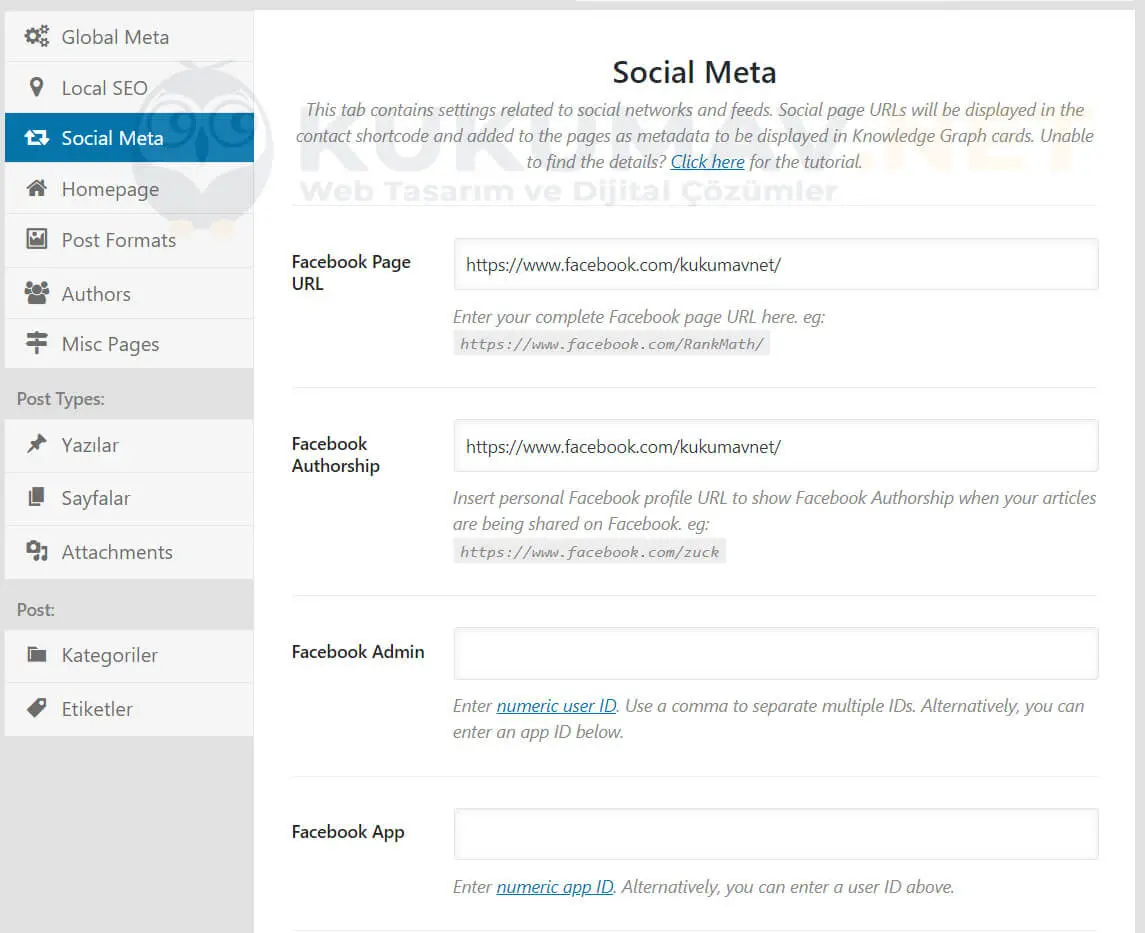 Rank Math Social Meta sekmesi: Facebook sayfa adresi, Facebook Authorship, Admin ve App alanları Rank Math Social Meta sekmesi: Facebook sayfa adresi, Facebook Authorship, Admin ve App alanları