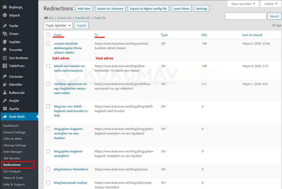 Rank Math Redirections listesi: eski adres (From), yeni adres (To), 301 türü ve isabet sayıları Rank Math Redirections listesi: eski adres (From), yeni adres (To), 301 türü ve isabet sayıları