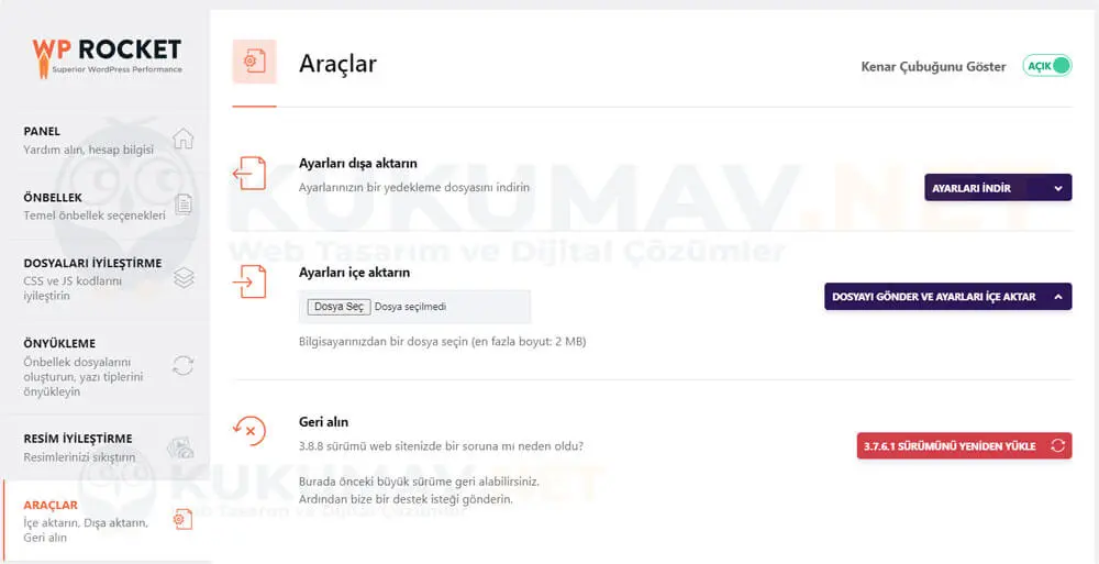 WP Rocket Araçlar sekmesi: ayarları dışa aktarma, içe aktarma ve önceki sürüme geri alma WP Rocket Araçlar sekmesi: ayarları dışa aktarma, içe aktarma ve önceki sürüme geri alma