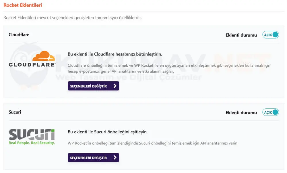 WP Rocket Rocket Eklentileri bölümü: Cloudflare ve Sucuri eklentileri açık, Seçenekleri Değiştir butonları WP Rocket Rocket Eklentileri bölümü: Cloudflare ve Sucuri eklentileri açık, Seçenekleri Değiştir butonları