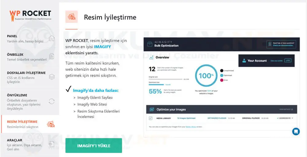 WP Rocket Resim İyileştirme sekmesi: Imagify görsel sıkıştırma eklentisi önerisi ve yükleme butonu WP Rocket Resim İyileştirme sekmesi: Imagify görsel sıkıştırma eklentisi önerisi ve yükleme butonu