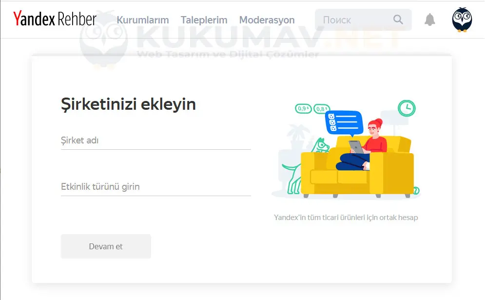 Yandex Rehber Şirketinizi ekleyin ekranı: şirket adı ve etkinlik türü alanları Yandex Rehber Şirketinizi ekleyin ekranı: şirket adı ve etkinlik türü alanları