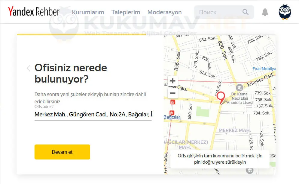 Yandex Rehber Ofisiniz nerede bulunuyor ekranı: adres girişi ve haritada pinin doğru yere taşınması Yandex Rehber Ofisiniz nerede bulunuyor ekranı: adres girişi ve haritada pinin doğru yere taşınması
