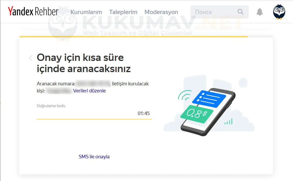 Yandex Rehber doğrulama ekranı: onay araması bekleniyor, doğrulama kodu alanı ve geri sayım Yandex Rehber doğrulama ekranı: onay araması bekleniyor, doğrulama kodu alanı ve geri sayım