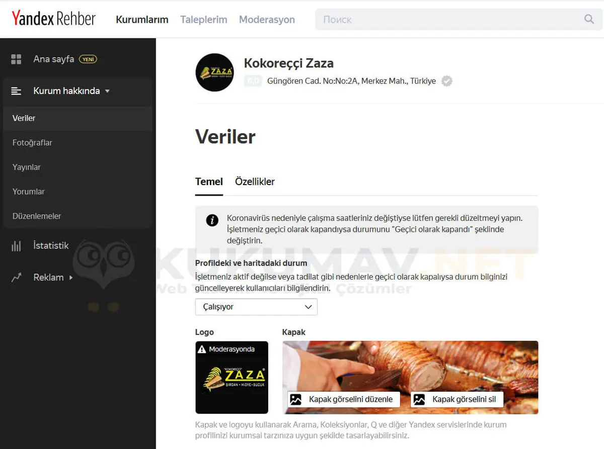 Yandex Rehber işletme paneli: Veriler sayfasında çalışma durumu, logo ve kapak görseli alanları Yandex Rehber işletme paneli: Veriler sayfasında çalışma durumu, logo ve kapak görseli alanları