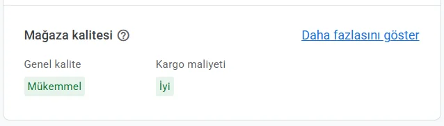 Merchant Center mağaza kalitesi bölümü, Ekim 2026: genel kalite "Mükemmel", kargo maliyeti "İyi".